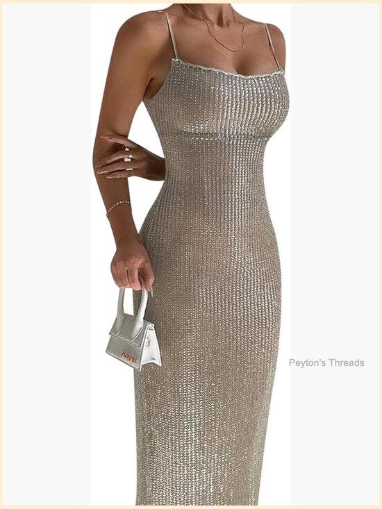 Dresses & Skirts - Sequin Midi Bodycon Dress Back Slit Spaghetti Strap Party Dress